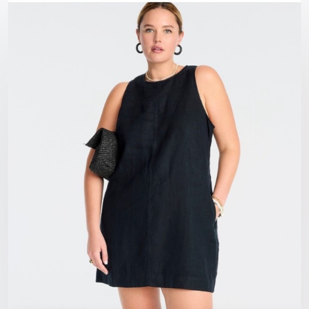 NWT J.Crew Black Back-Button Linen Shift Dress Pockets XS
